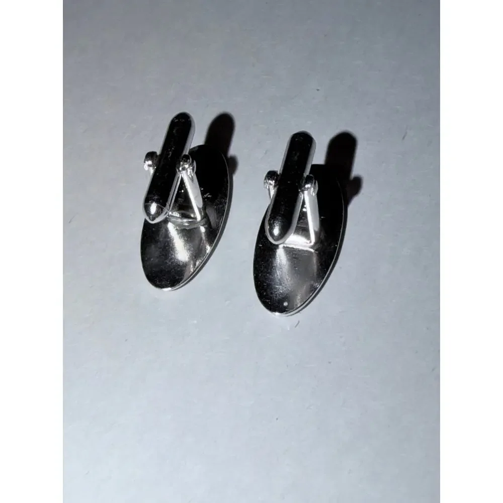 Vintage swank silver tone oval cufflinks upscale gentlemen wedding event classy